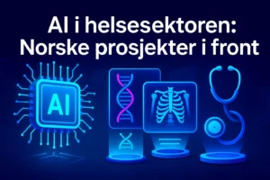 AI i helsesektoren – Norske prosjekter i front, illustrasjon med chip, DNA, røntgen og stetoskop