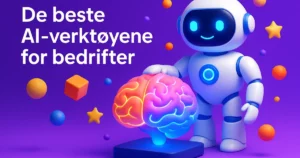 3D‑illustrasjon av en smilende robot som peker på en lysende hjerne, omgitt av fargerike kuber, kuler og stjerner, med teksten «De beste AI‑verktøyene for bedrifter».