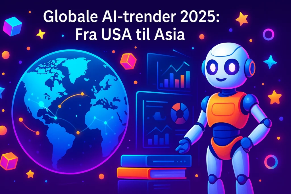 Globale AI-trender 2025: Fra USA til Asia – futuristisk illustrasjon med robot, verdenskart og digitale grafer