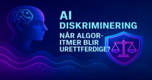 Futuristisk illustrasjon av AI diskriminering og algoritmer som blir urettferdige