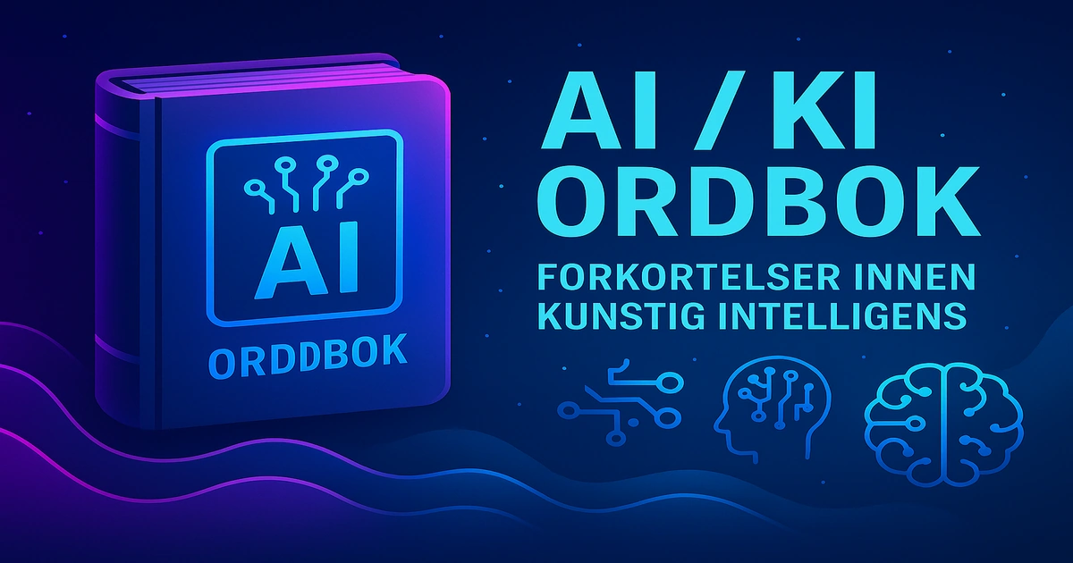 Futuristisk illustrasjon av AI/KI ordbok for forkortelser innen kunstig intelligens