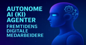 Futuristisk illustrasjon av autonome AI agenter som fremtidens digitale medarbeidere