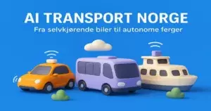 3D-illustrasjon av selvkjørende bil, buss og autonom ferge – AI transport Norge