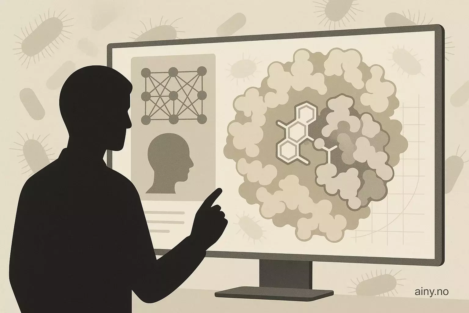 Illustrasjon KI-generert med OpenAI API for artikkelen: AI kartlegger hvordan nytt antibiotikum angriper tarmbakterier