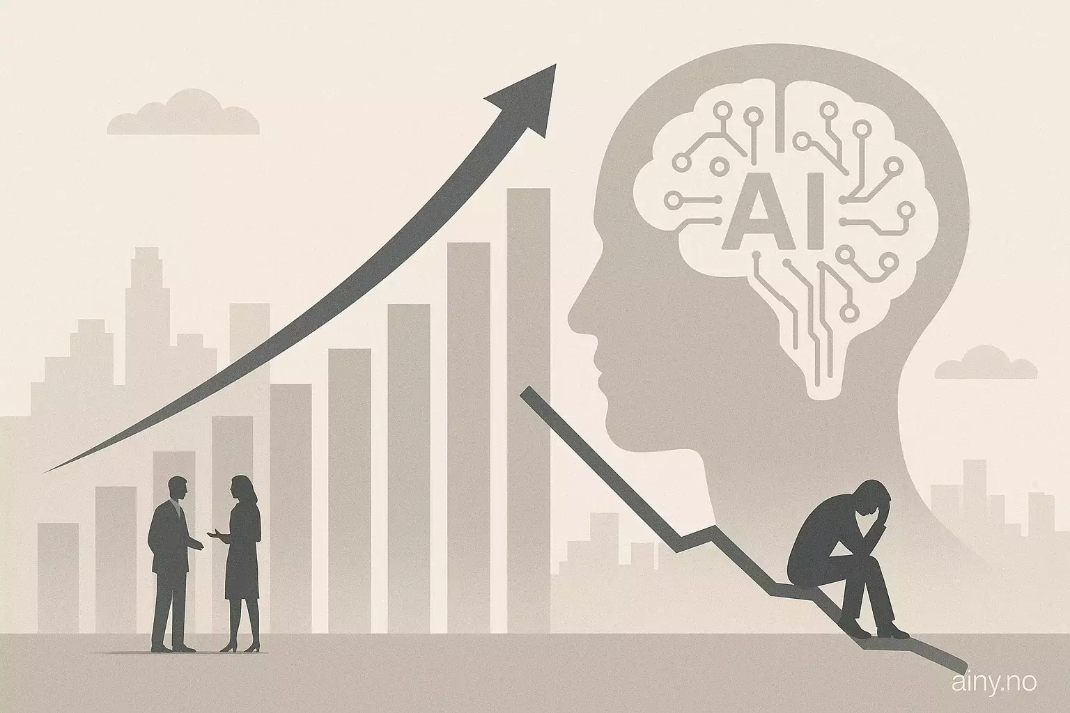 Illustrasjon KI-generert med OpenAI API for artikkelen: AI-paradokset: Industriens vekst og investorfall