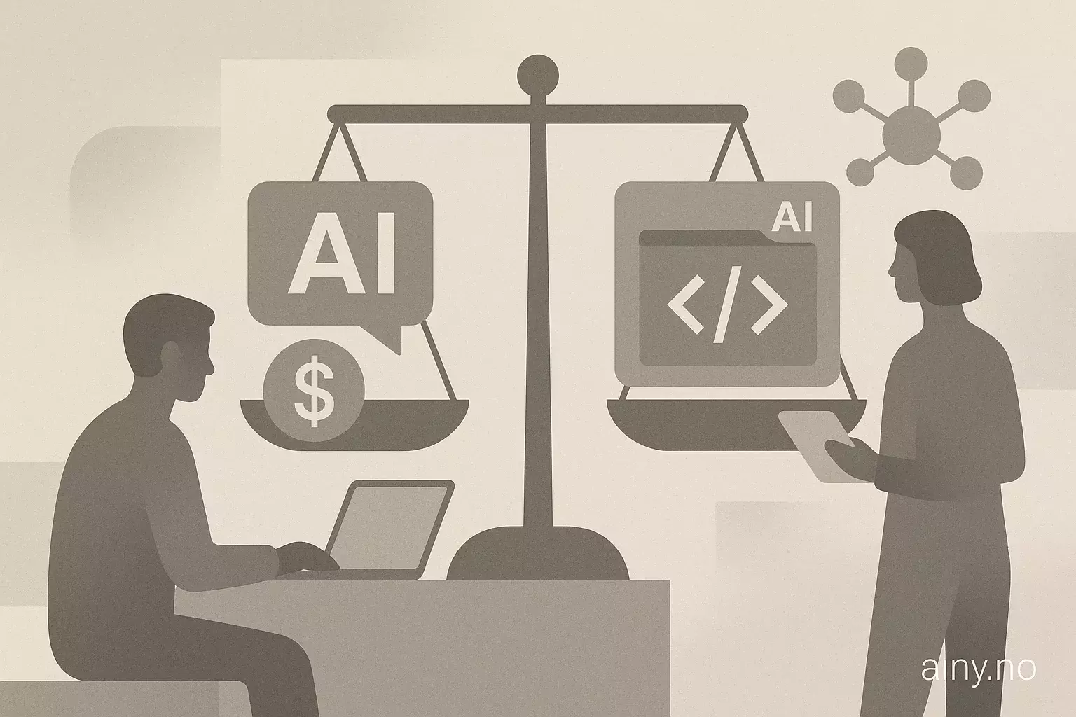 Illustrasjon KI-generert med OpenAI API for artikkelen: Gratis vs. betalte AI-verktøy for koding — hva lønner seg