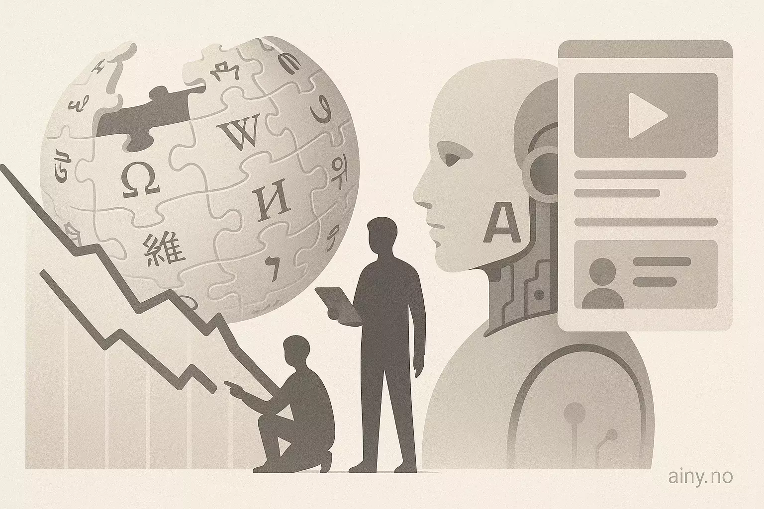 Illustrasjon KI-generert med OpenAI API for artikkelen: Wikipedia mister trafikk på grunn av AI og sosiale videoer