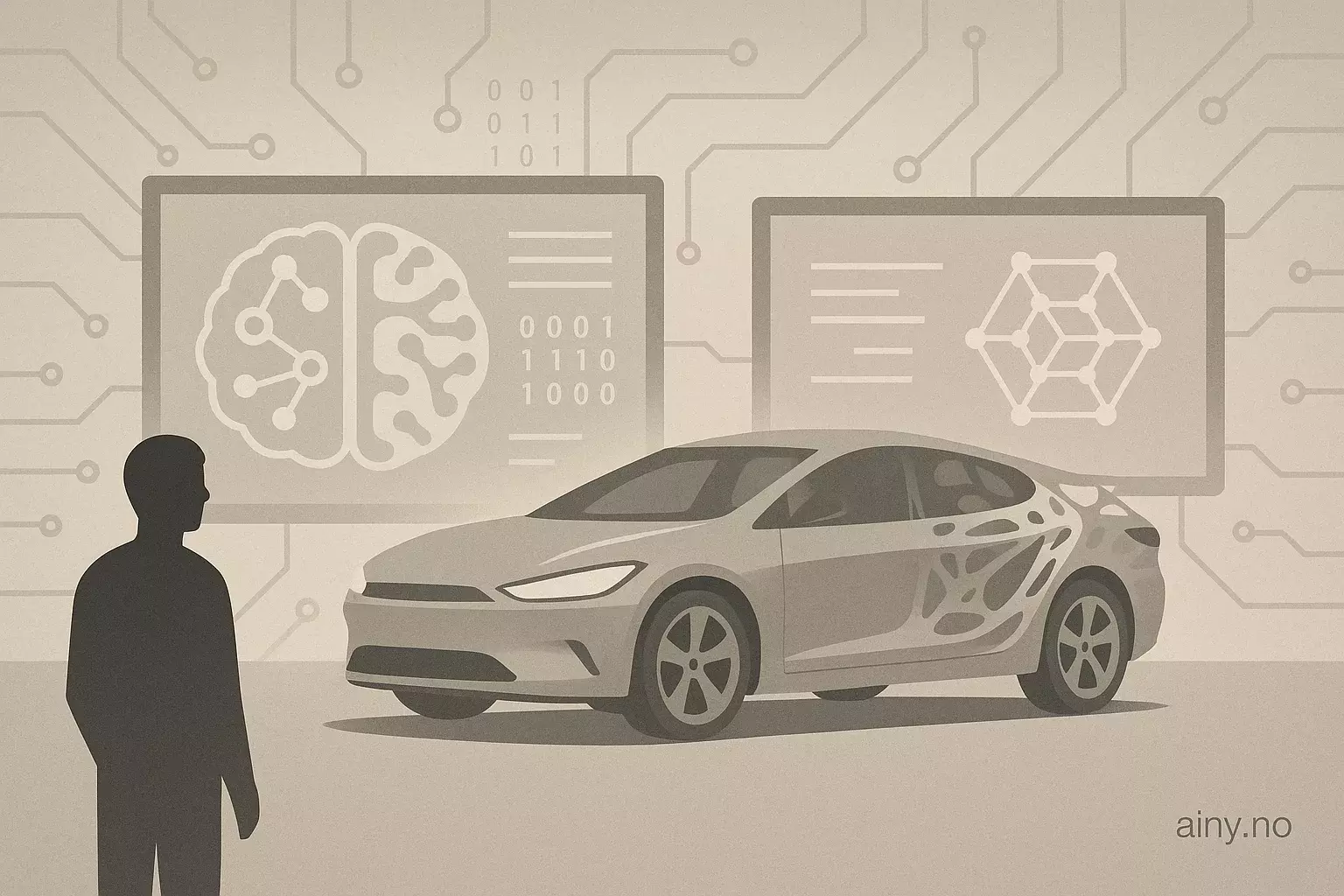 Illustrasjon KI-generert med OpenAI API for artikkelen: Generativ AI omformer biler — ikke som produsentene tror