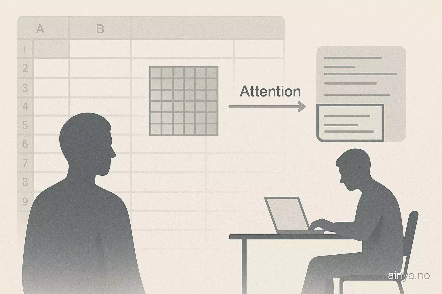 Illustrasjon KI-generert med OpenAI API for artikkelen: Transformere for tekst i Excel — hvordan attention virker